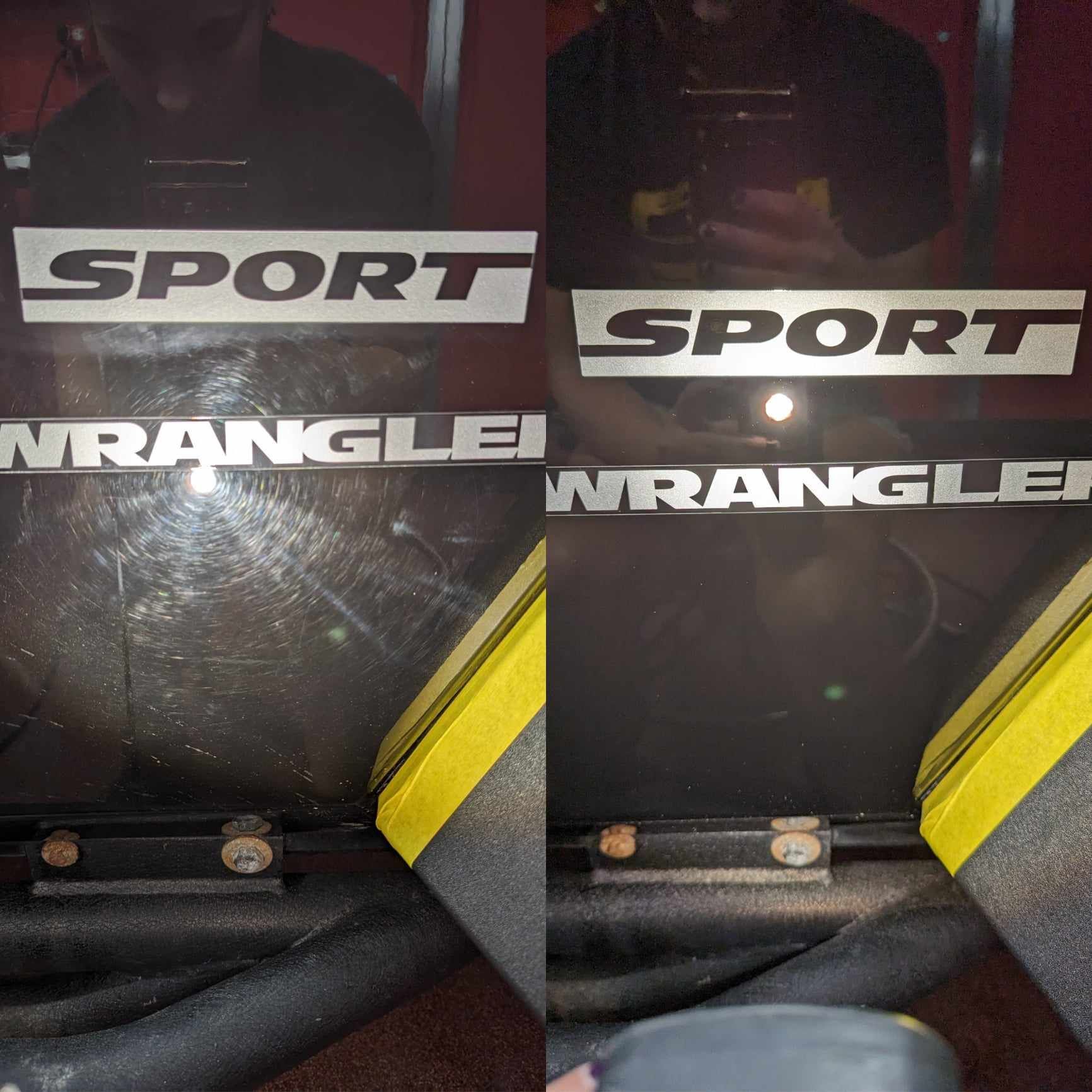 Pink car with streaks from washing, side view.