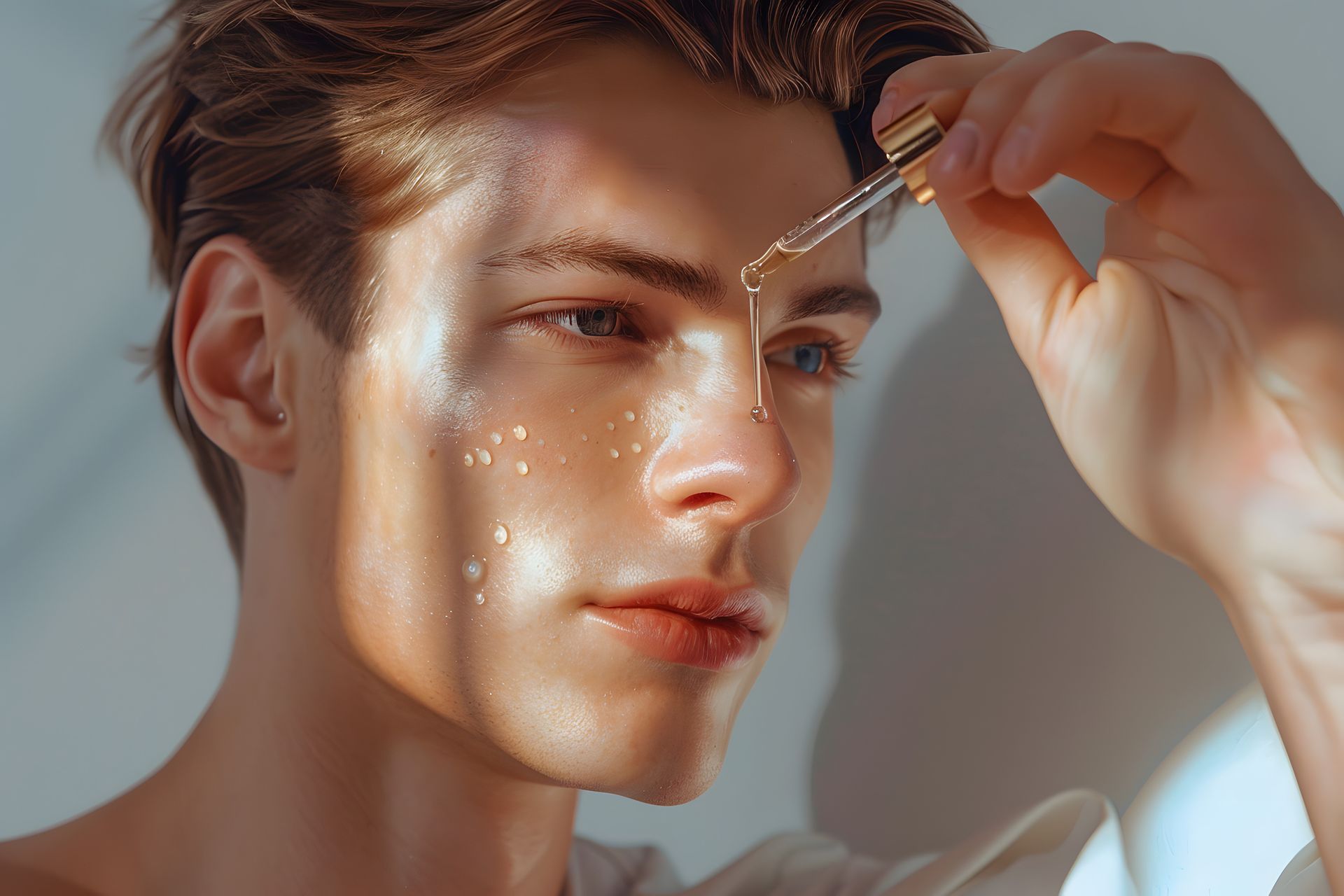 Ein junger Mann trägt mit einer Pipette ein Serum auf sein Gesicht auf.
