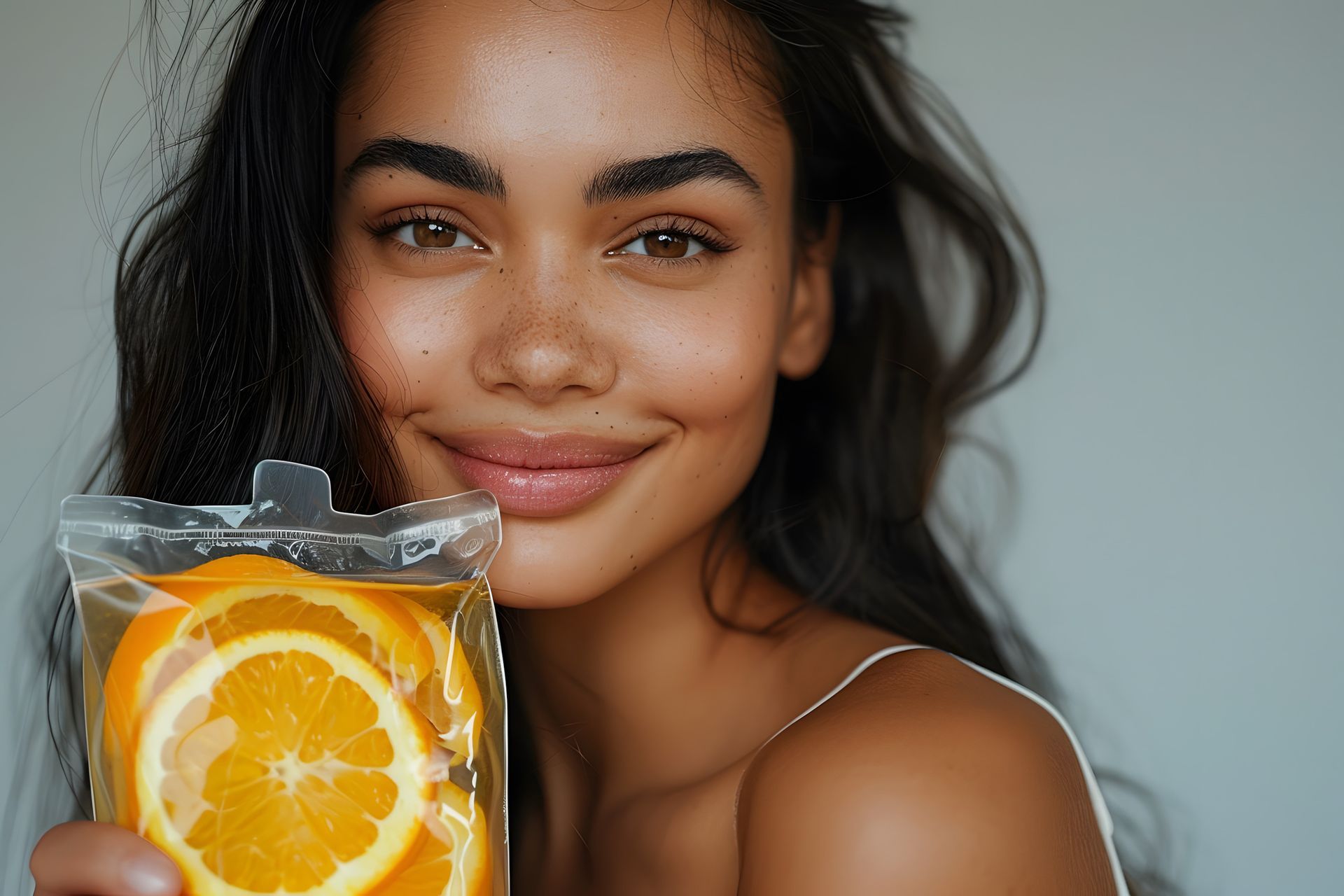 Eine Frau hält eine Tüte mit Orangenscheiben vor ihr Gesicht.