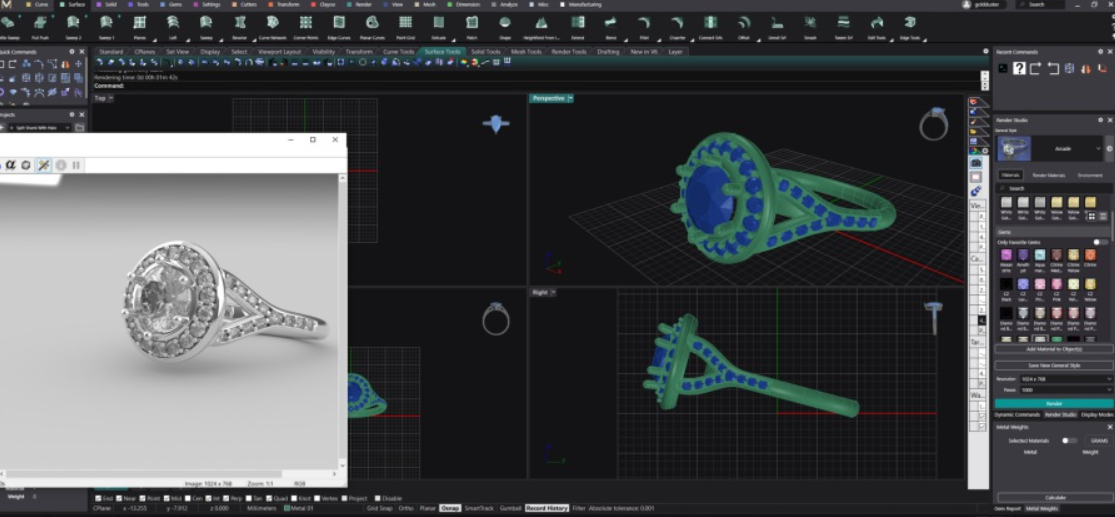 A computer screen shows a 3d model of an engagement ring.