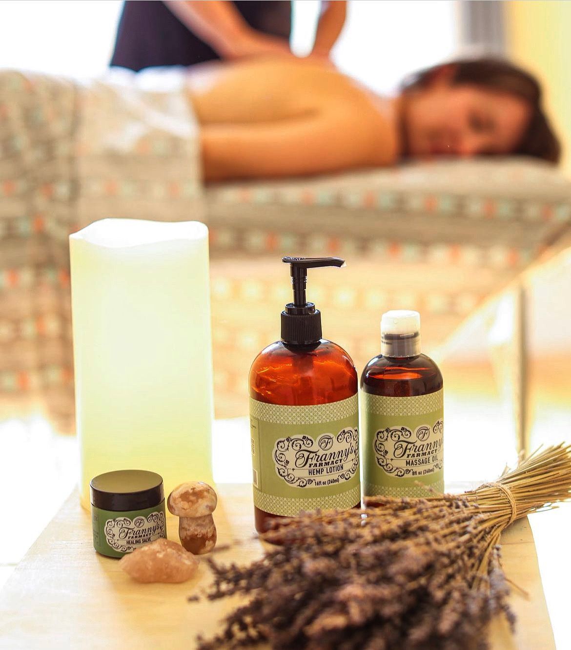 Franny’s Farmacy CBD gift sale with chocolates, chakra teas, bath bombs, massage oils, and lip balm