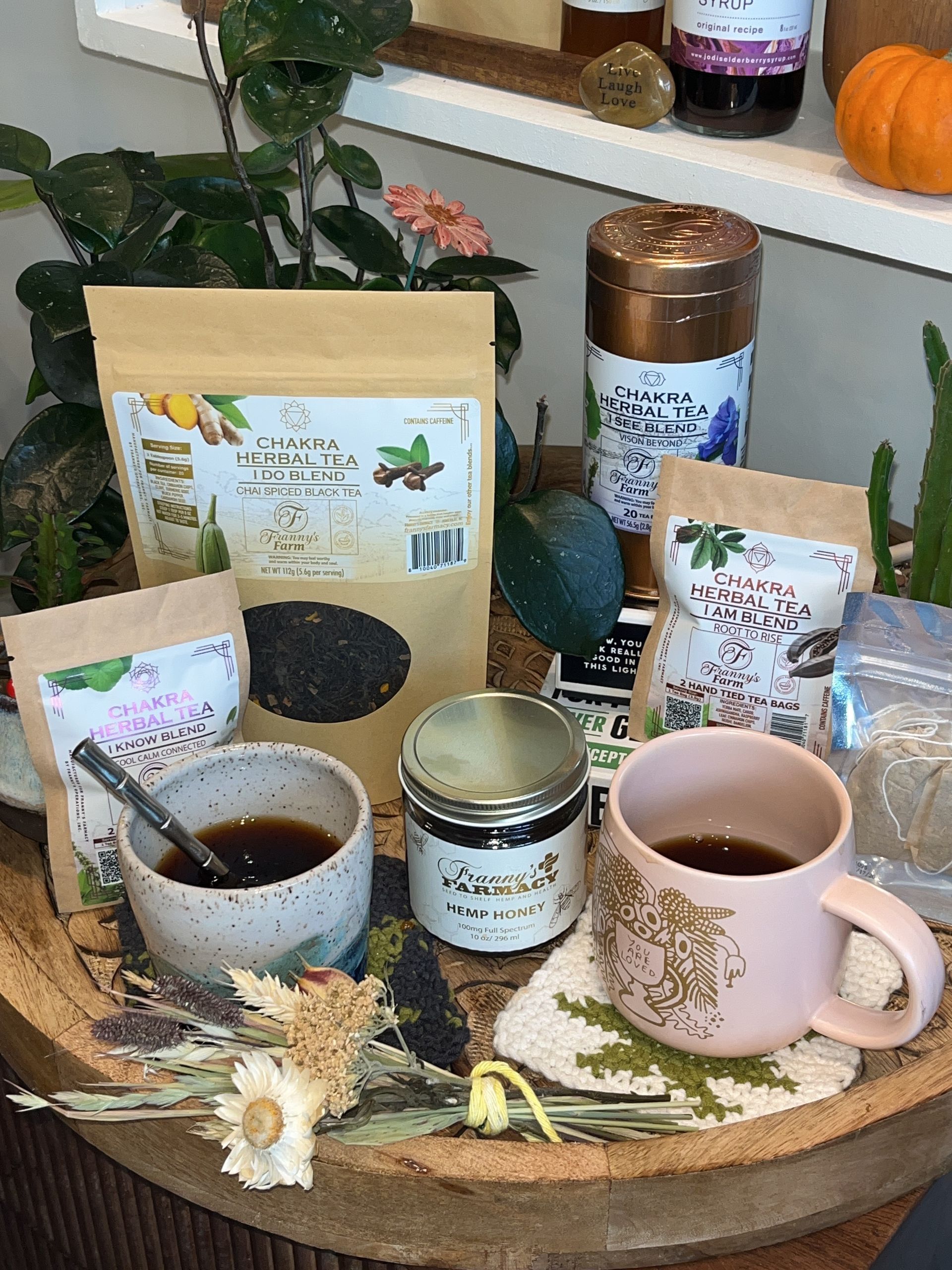 Franny’s Farmacy CBD gift sale with chocolates, chakra teas, bath bombs, massage oils, and lip balm