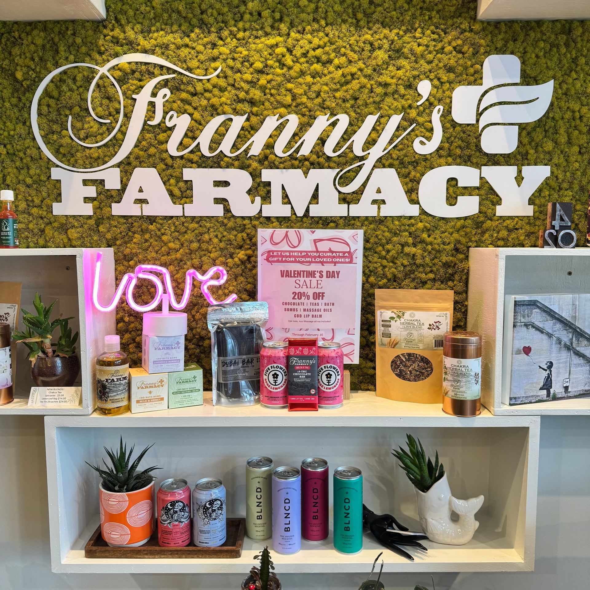 Franny’s Farmacy CBD gift sale with chocolates, chakra teas, bath bombs, massage oils, and lip balm