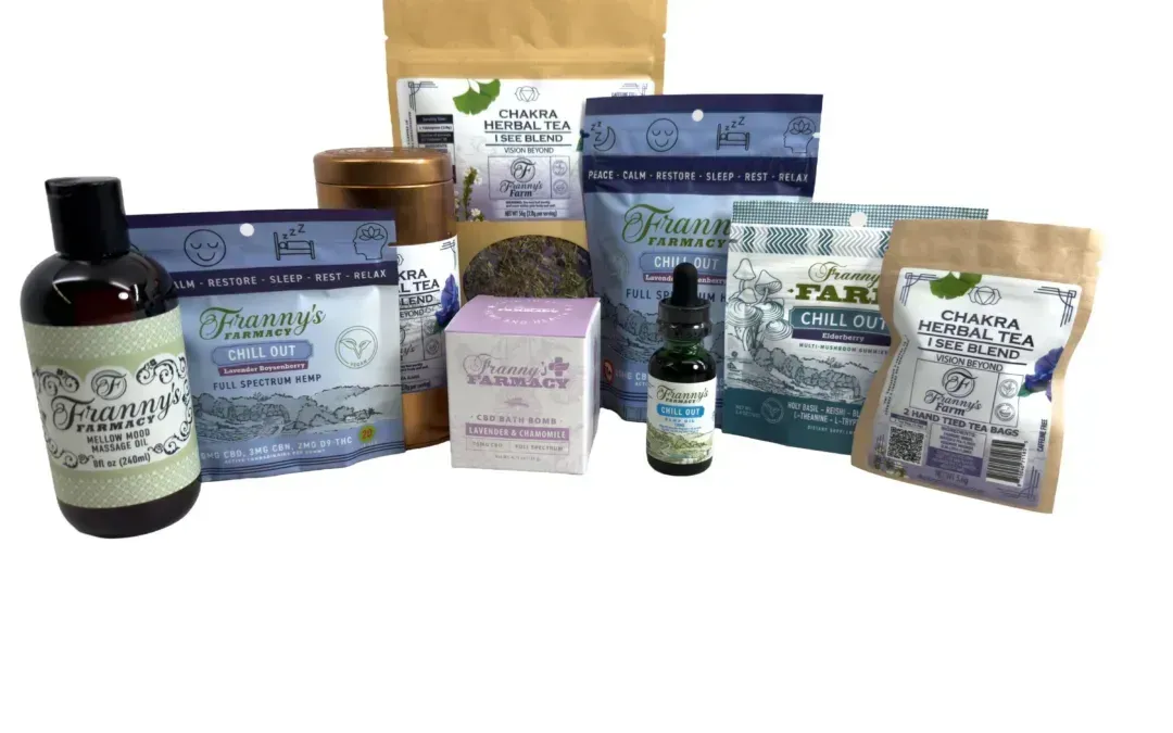 Assortment of herbal wellness products, including oils, lotions, and teas, in various packaging.