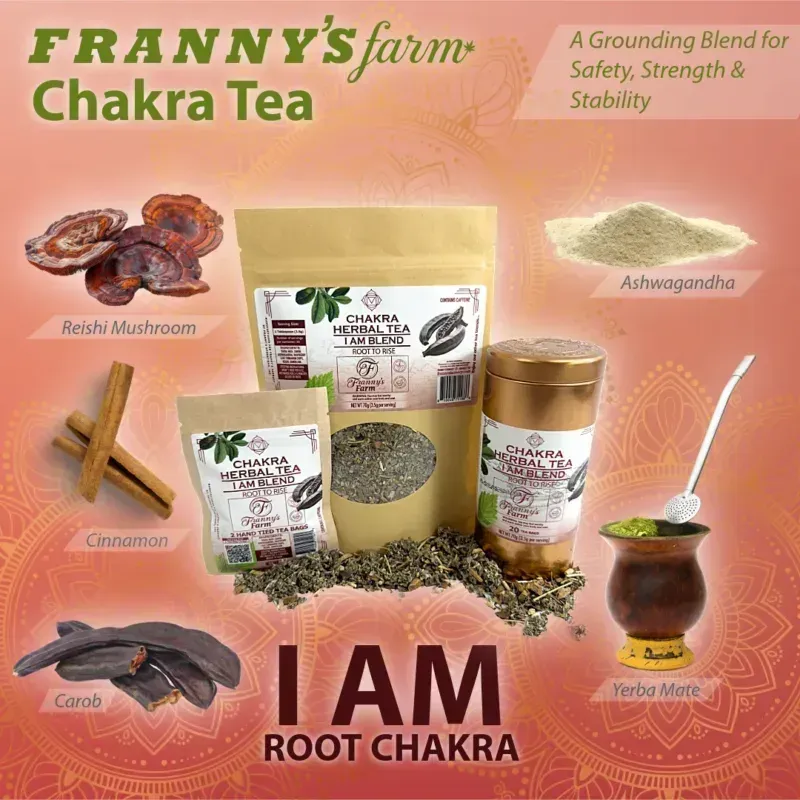 Franny's Farm Root Chakra tea ingredients: Reishi, Ashwagandha, Yerba Mate, cinnamon, and carob.
