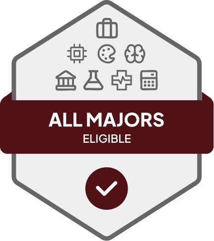 Badge with blue banner: 