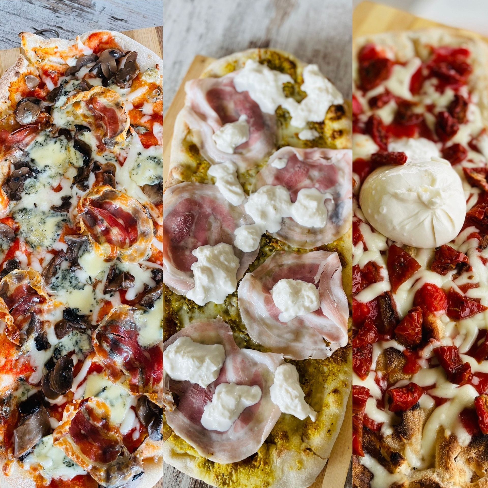 tre diversi tipi di pizza sono su un tagliere di legno