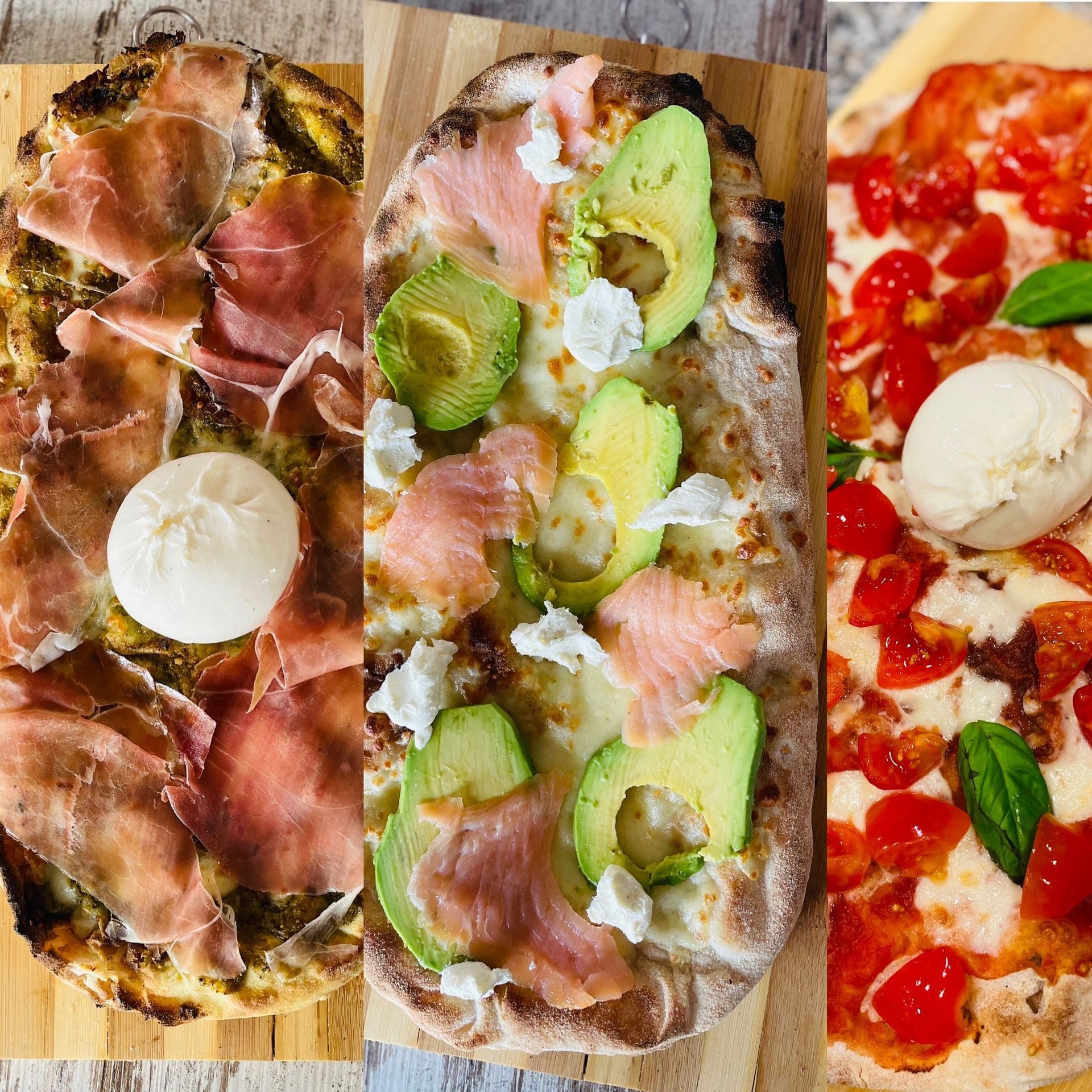 un primo piano di una pizza su un tavolo di legno