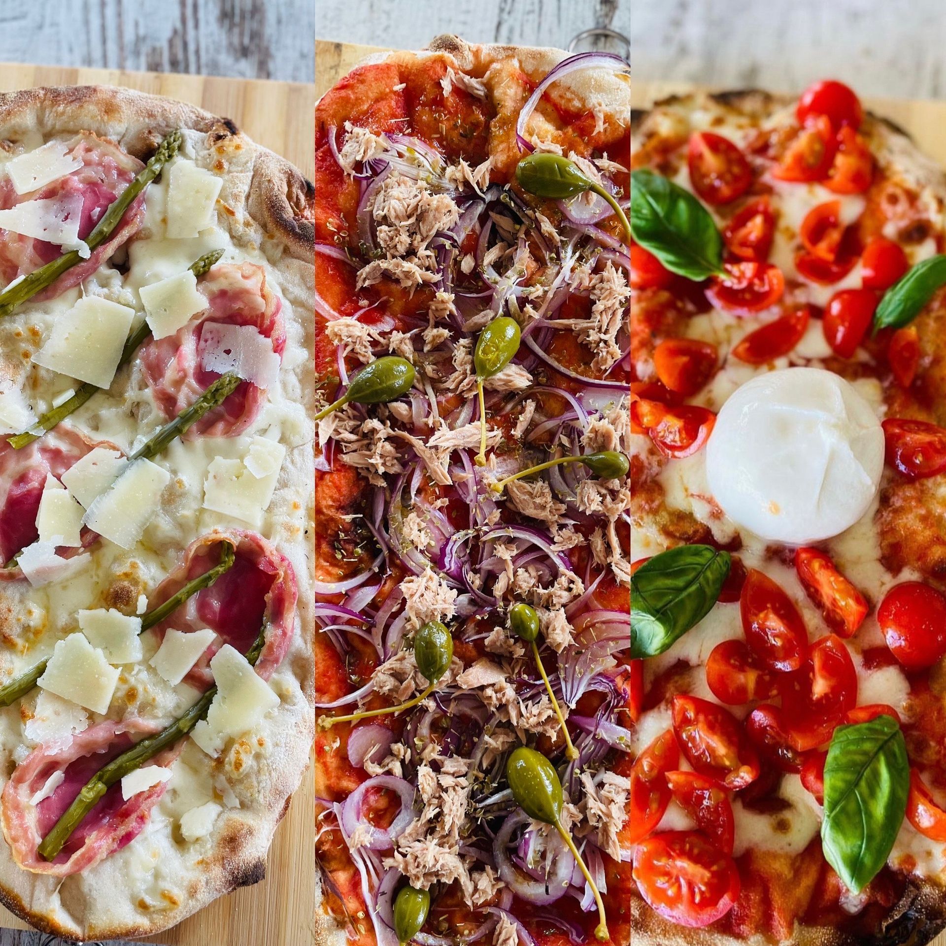 una persona tiene in mano una pizza con prosciutto e formaggio