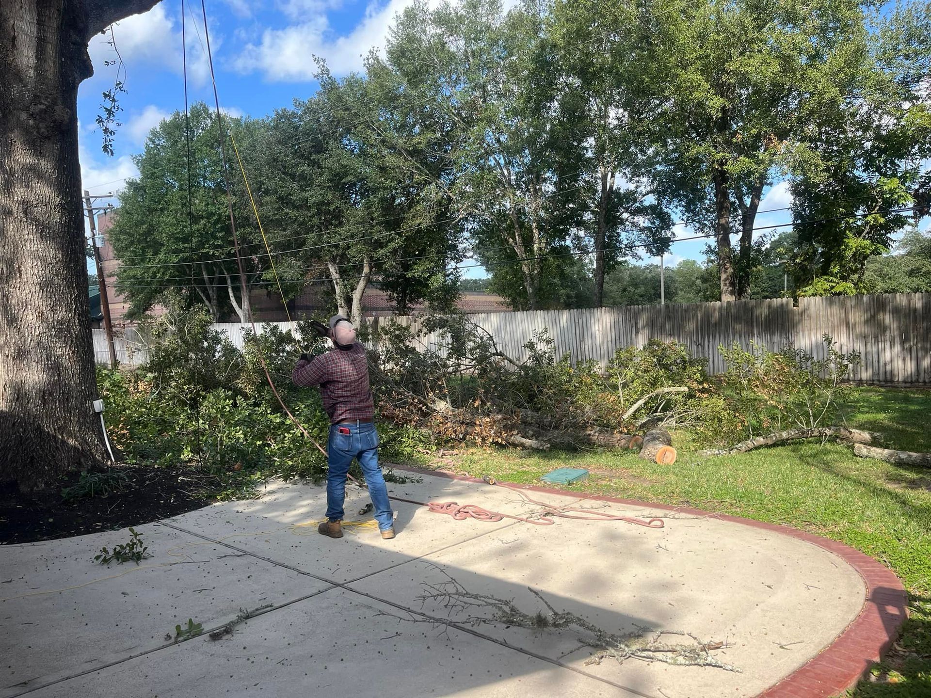 Man pruning bushes in a backyard with patio, trees, and a concrete wall.