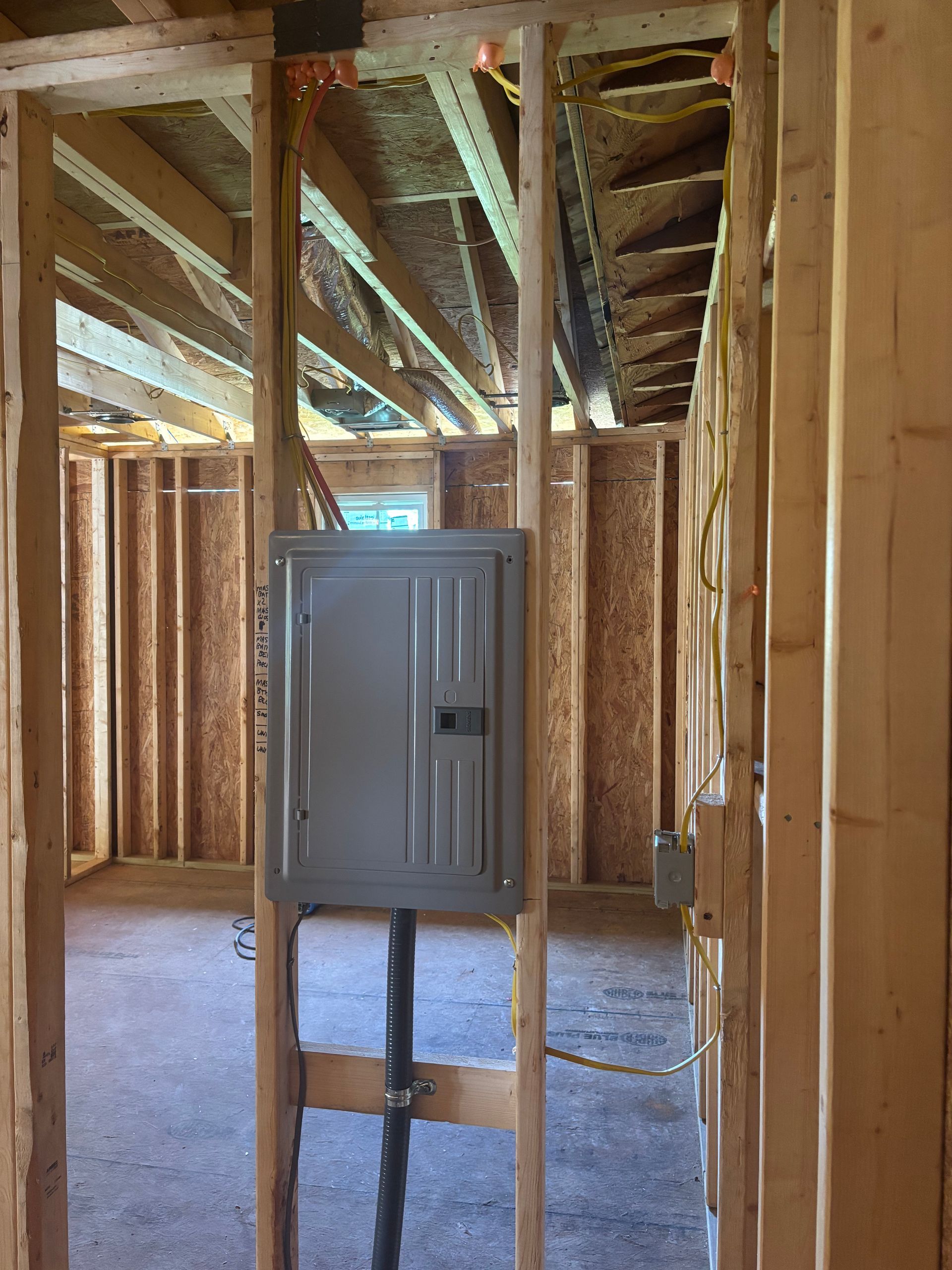 A electrical box is in the middle of a room in a house under construction.