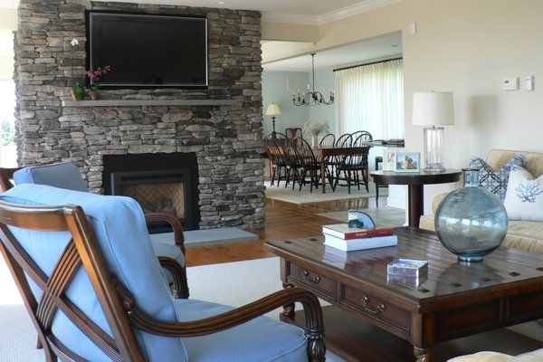 A living room with a fireplace and a flat screen tv