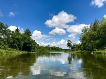 Calm lake reflecting a blue sky with white clouds, surrounded by green trees.