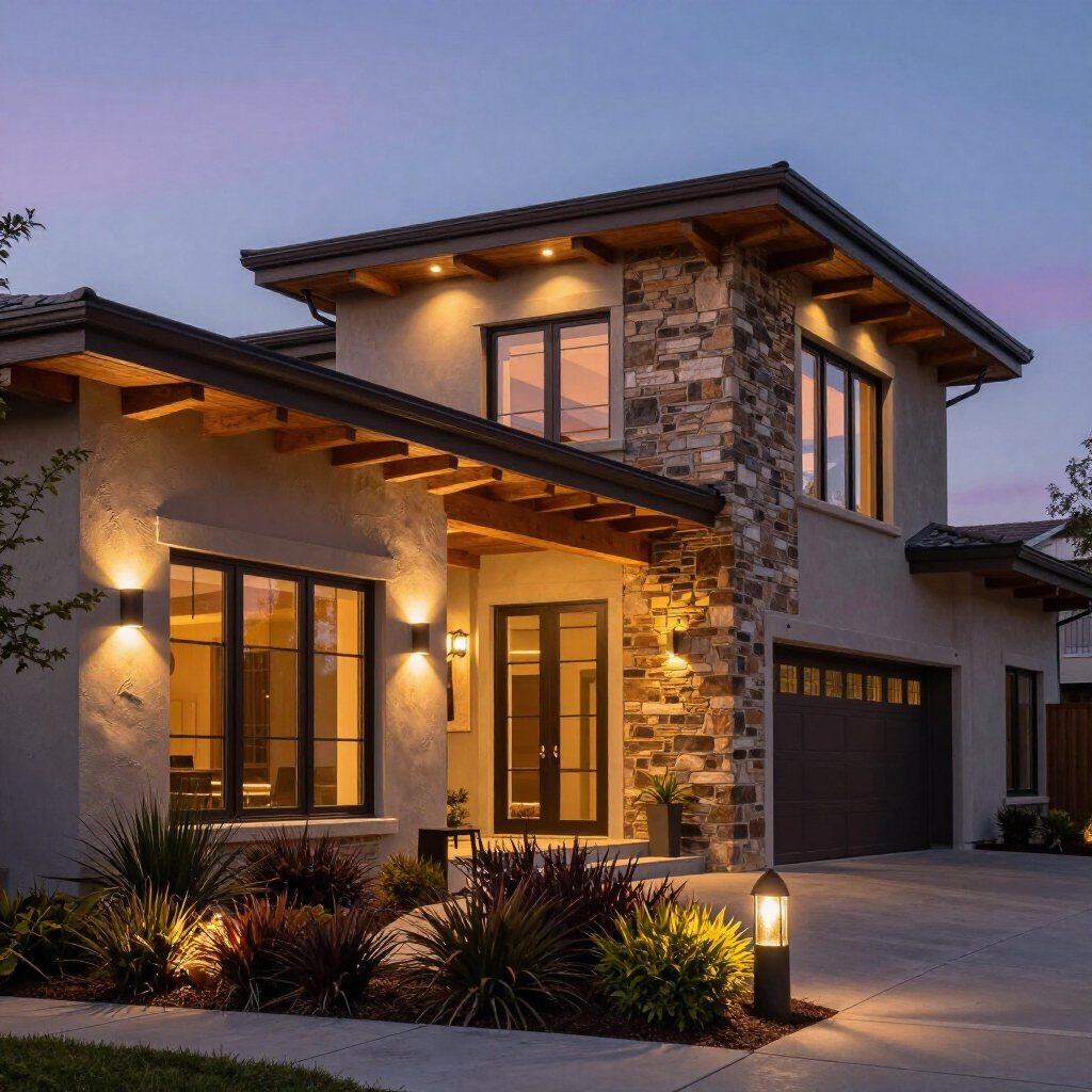 A modern two-story home with stone siding and warm outdoor lighting at dusk, featuring a driveway and landscaped front.