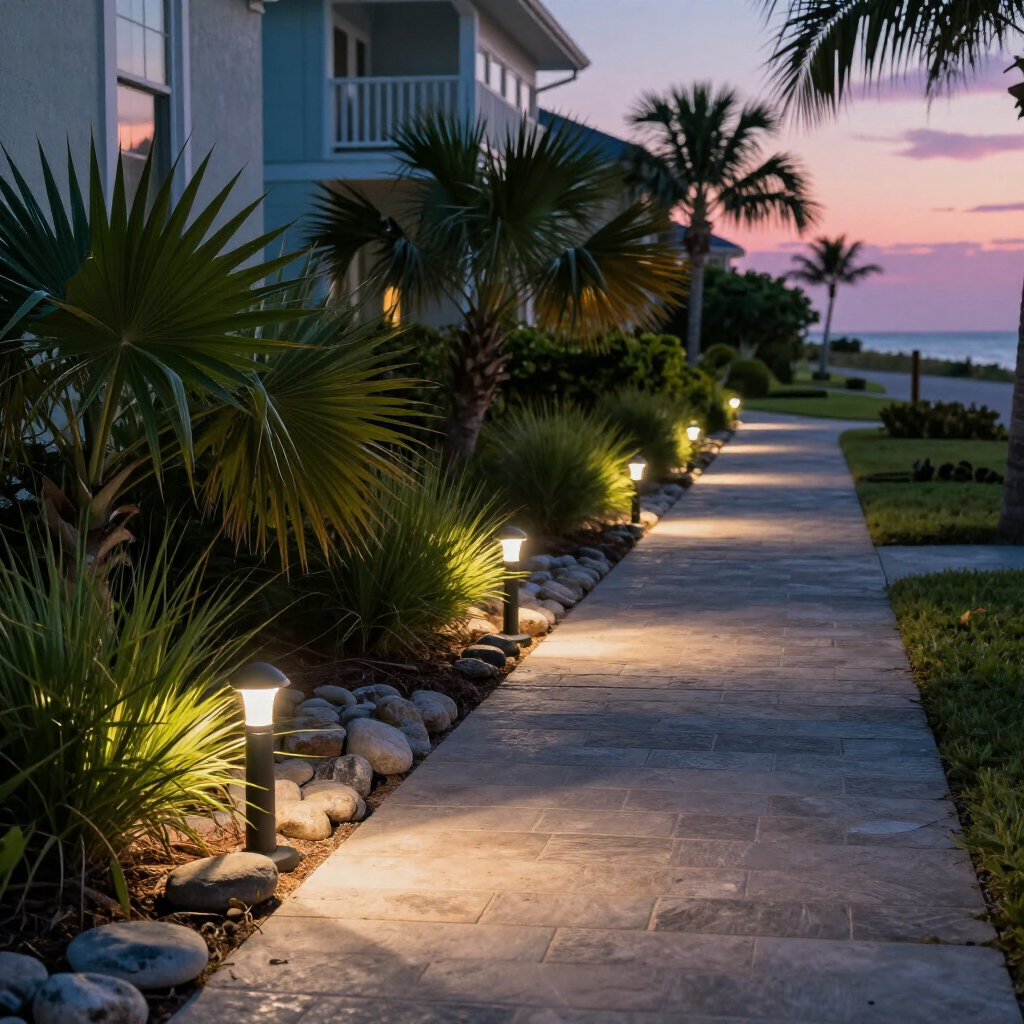 A stone walkway at dusk, illuminated by glowing path lights, alongside palm trees, landscaping, and a house near the sea.