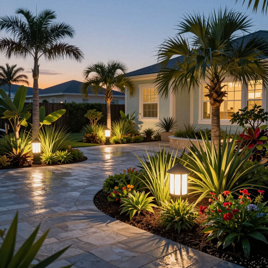 A stone patio at dusk, illuminated by glowing path lights among palm trees and lush tropical landscaping near a house.