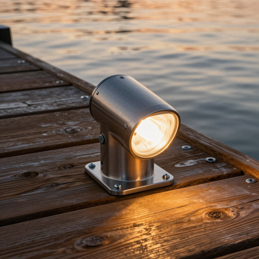 A lit, metallic spotlight mounted on a wooden dock surface next to a body of water at sunset.