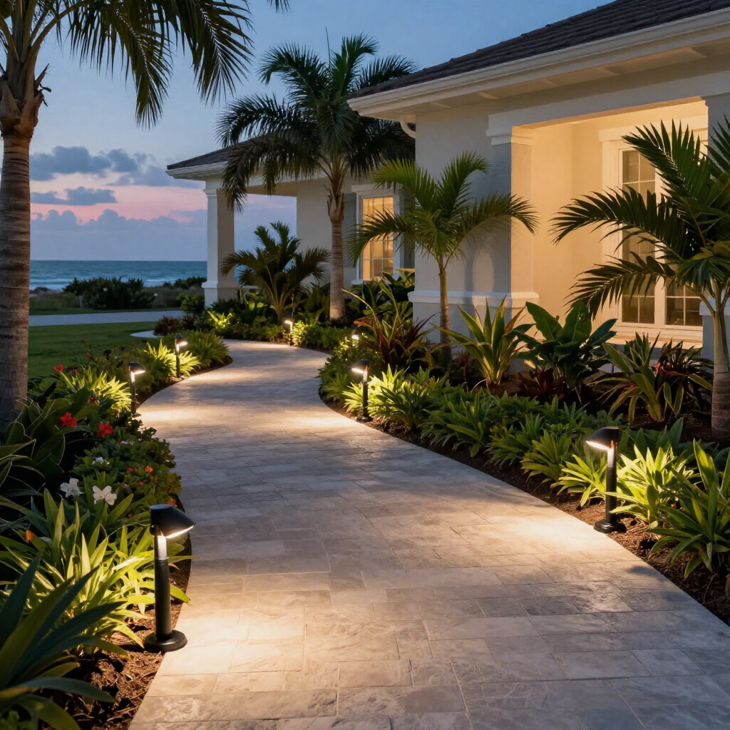 A stone pathway leading to a house by the ocean at dusk, illuminated by glowing landscape lights among tropical plants.