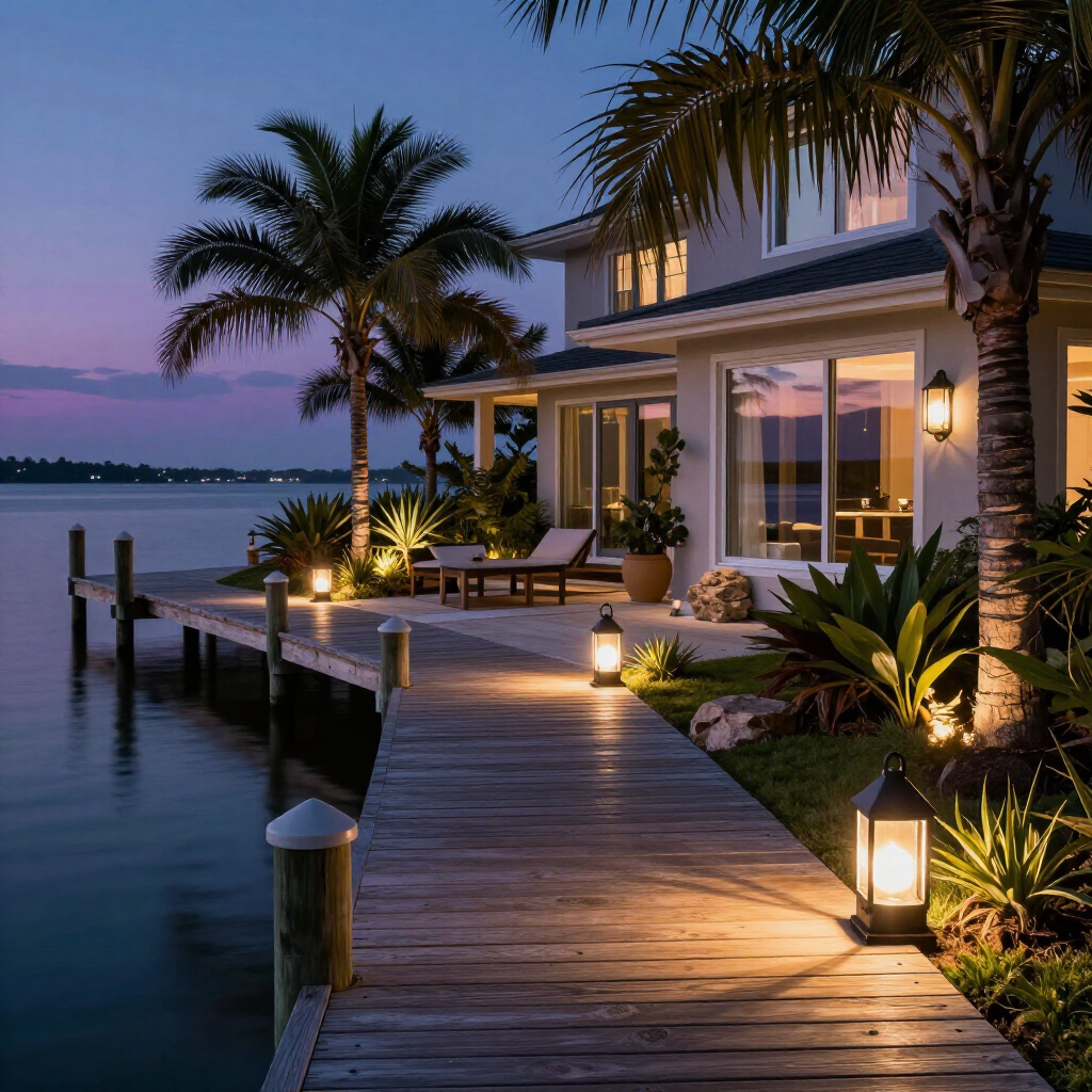 A lighted wooden dock leads to a waterfront house at twilight, featuring palm trees and warm outdoor lighting.