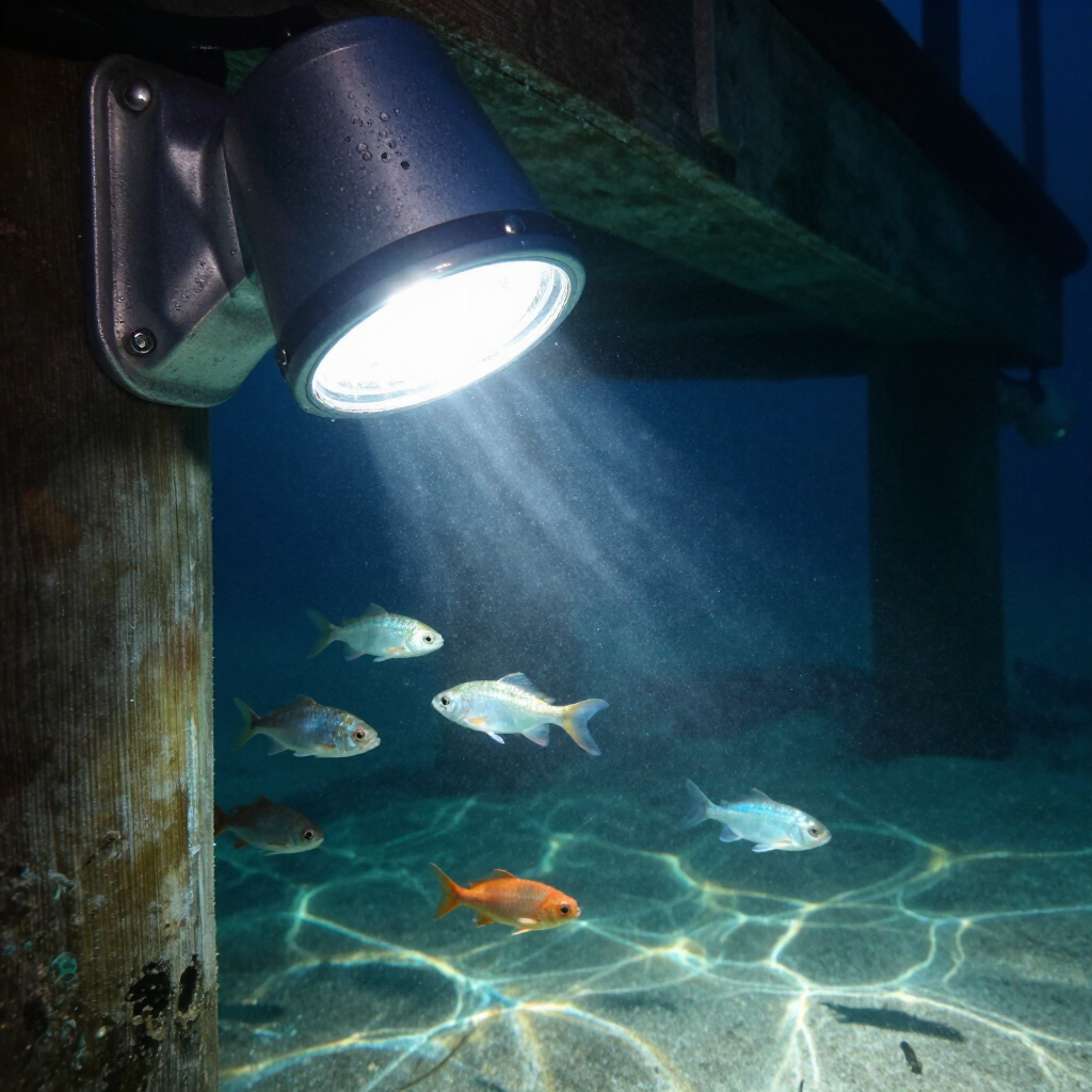 An underwater light mounted on a wooden piling illuminates several fish swimming in the sandy, clear water below a dock.