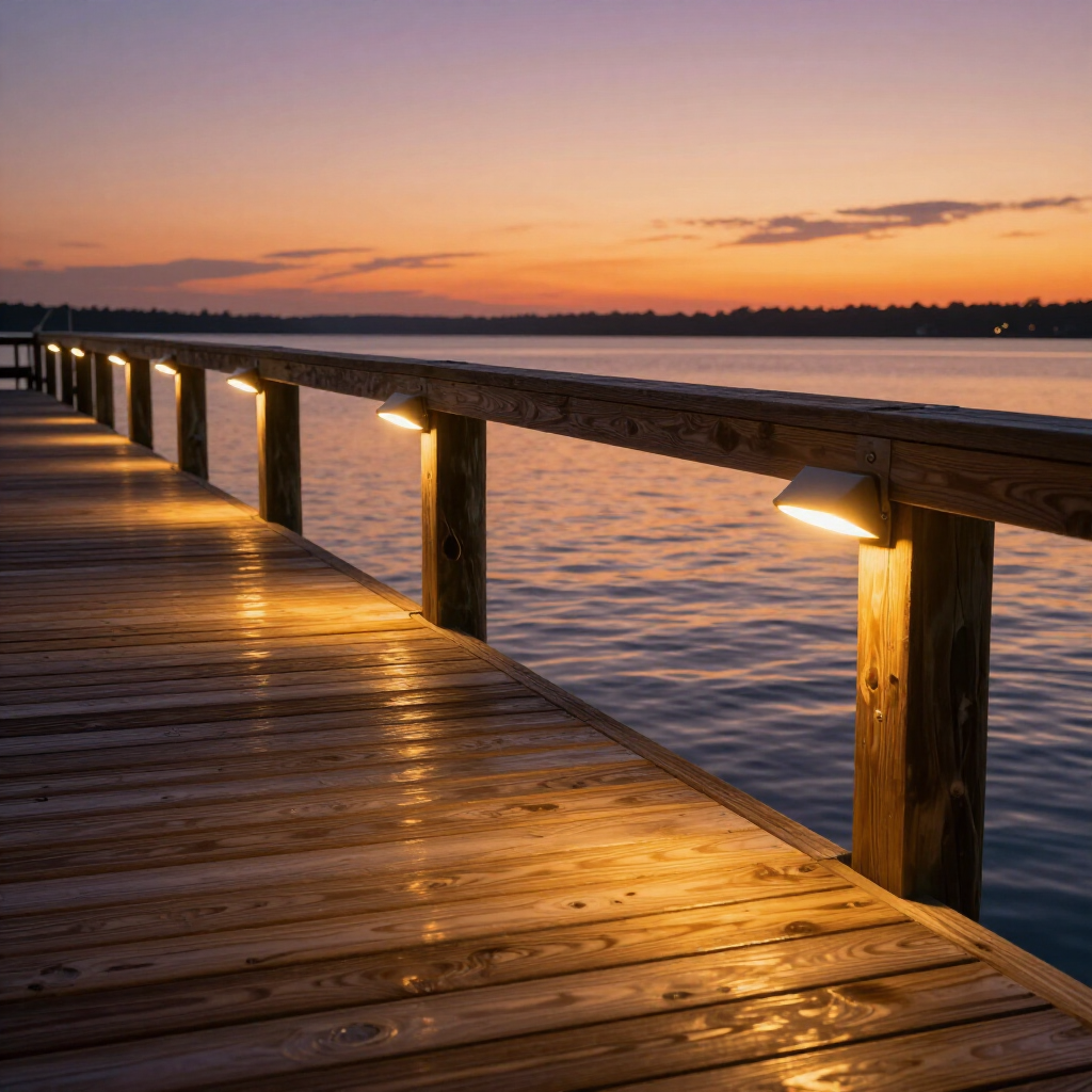 A wooden pier extending over calm water at sunset, illuminated by warm, glowing lights attached to the railing posts.