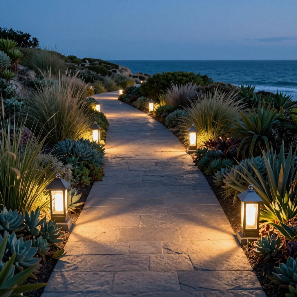 A stone path winds through a coastal garden at dusk, illuminated by glowing lanterns, with the ocean in the distance.