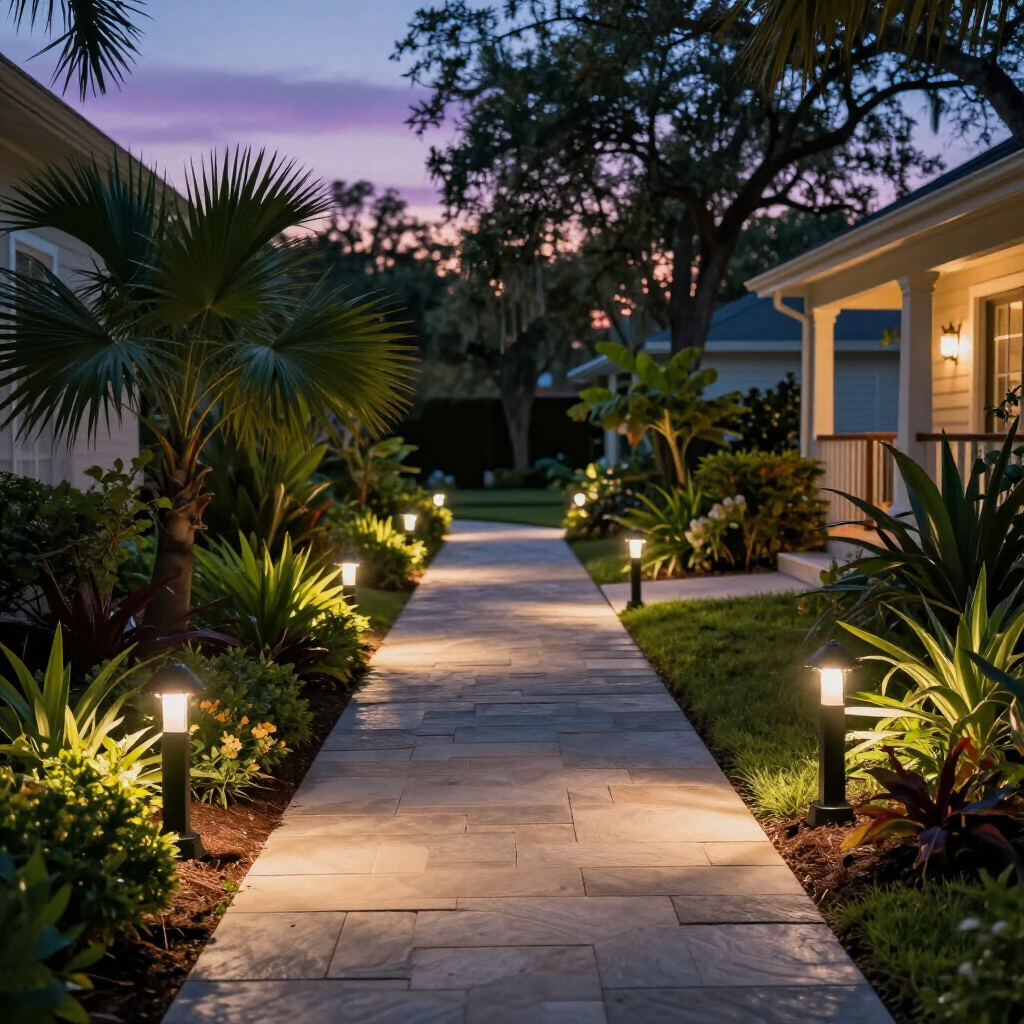 A stone pathway at twilight, lined with lit garden lamps leading toward two houses surrounded by tropical foliage.