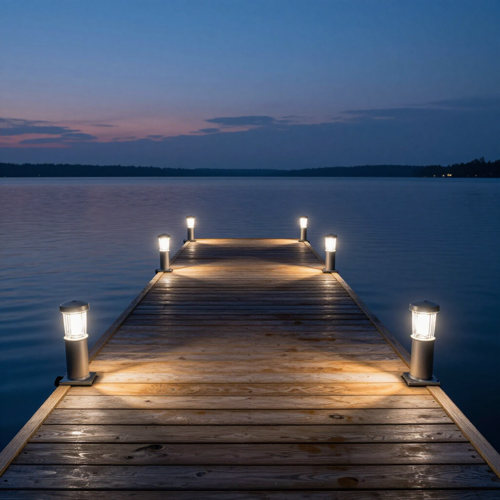A wooden dock extends into a calm lake at dusk, lined with glowing lights that cast warm pools on the planks.