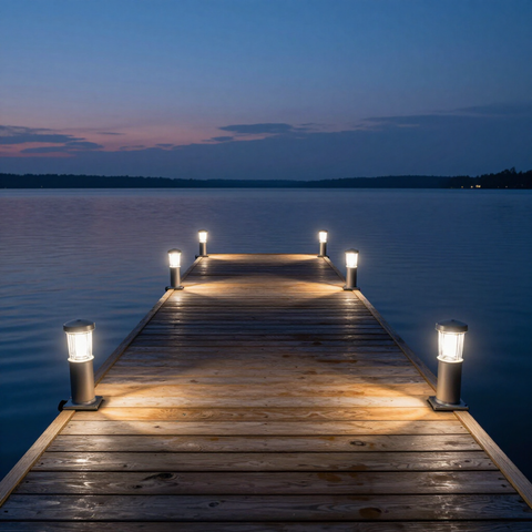 A wooden dock extends into a calm lake at dusk, lined with glowing lights that cast warm pools on the planks. A wooden dock extends into a calm lake at dusk, lined with glowing lights that cast warm pools on the planks.