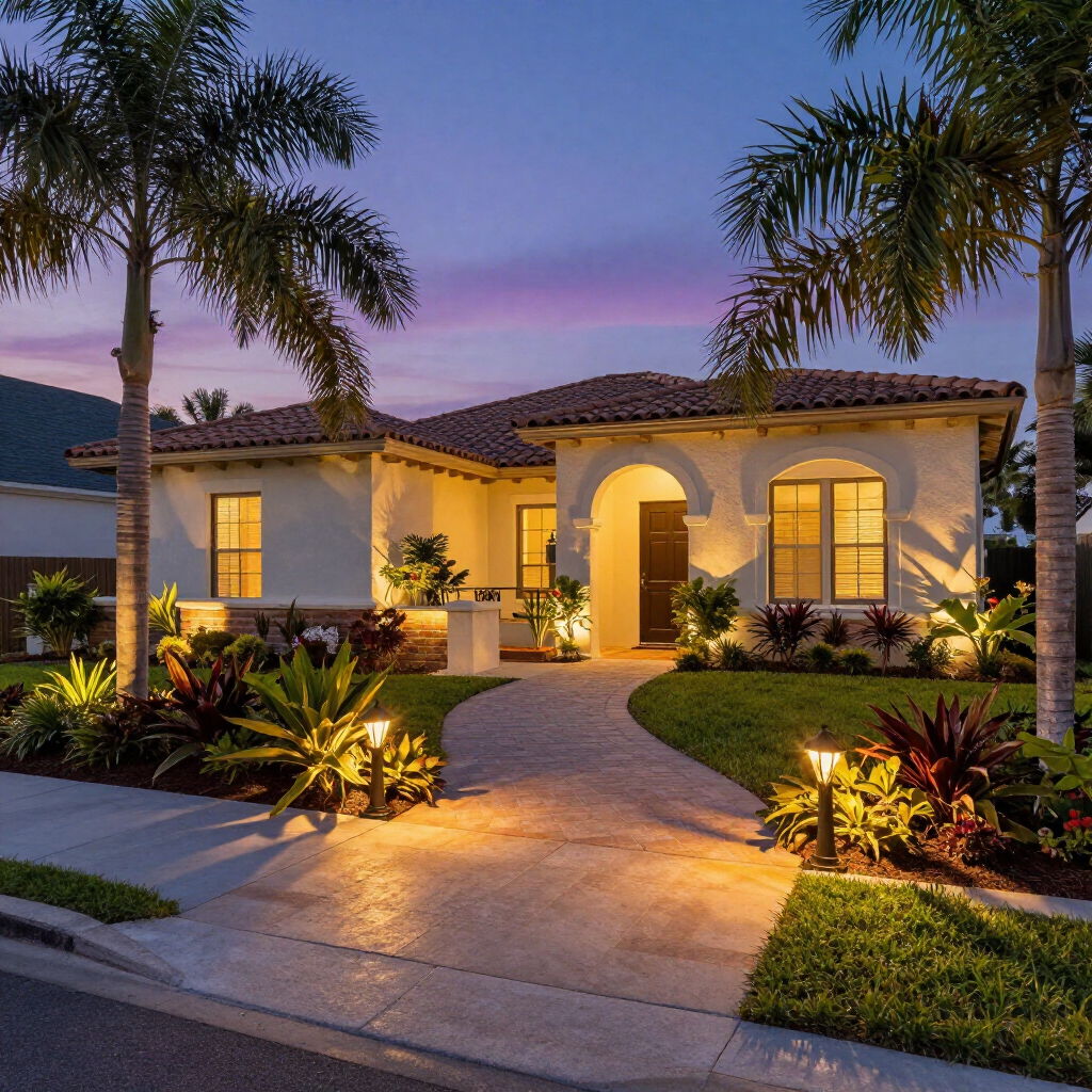 A single-story stucco house at dusk, featuring a paved walkway, glowing landscape lights, and two tall palm trees.