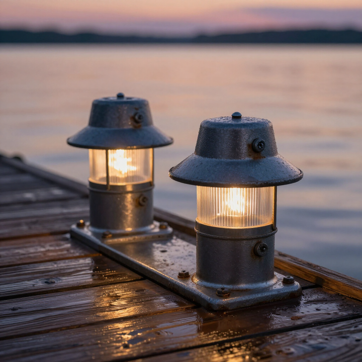 Two lit metallic dock lights mounted on a wooden pier at sunset with a lake in the background. Two lit metallic dock lights mounted on a wooden pier at sunset with a lake in the background.