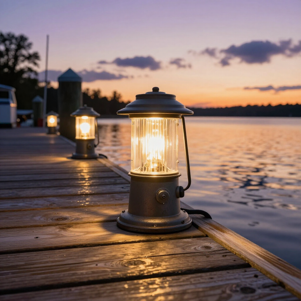 Lit lanterns line a wooden dock overlooking a lake at sunset.