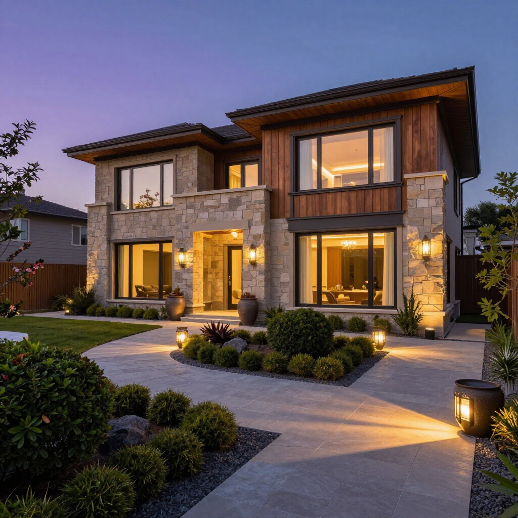 A two-story modern stone and wood house illuminated by warm exterior lights at twilight with a manicured front garden.