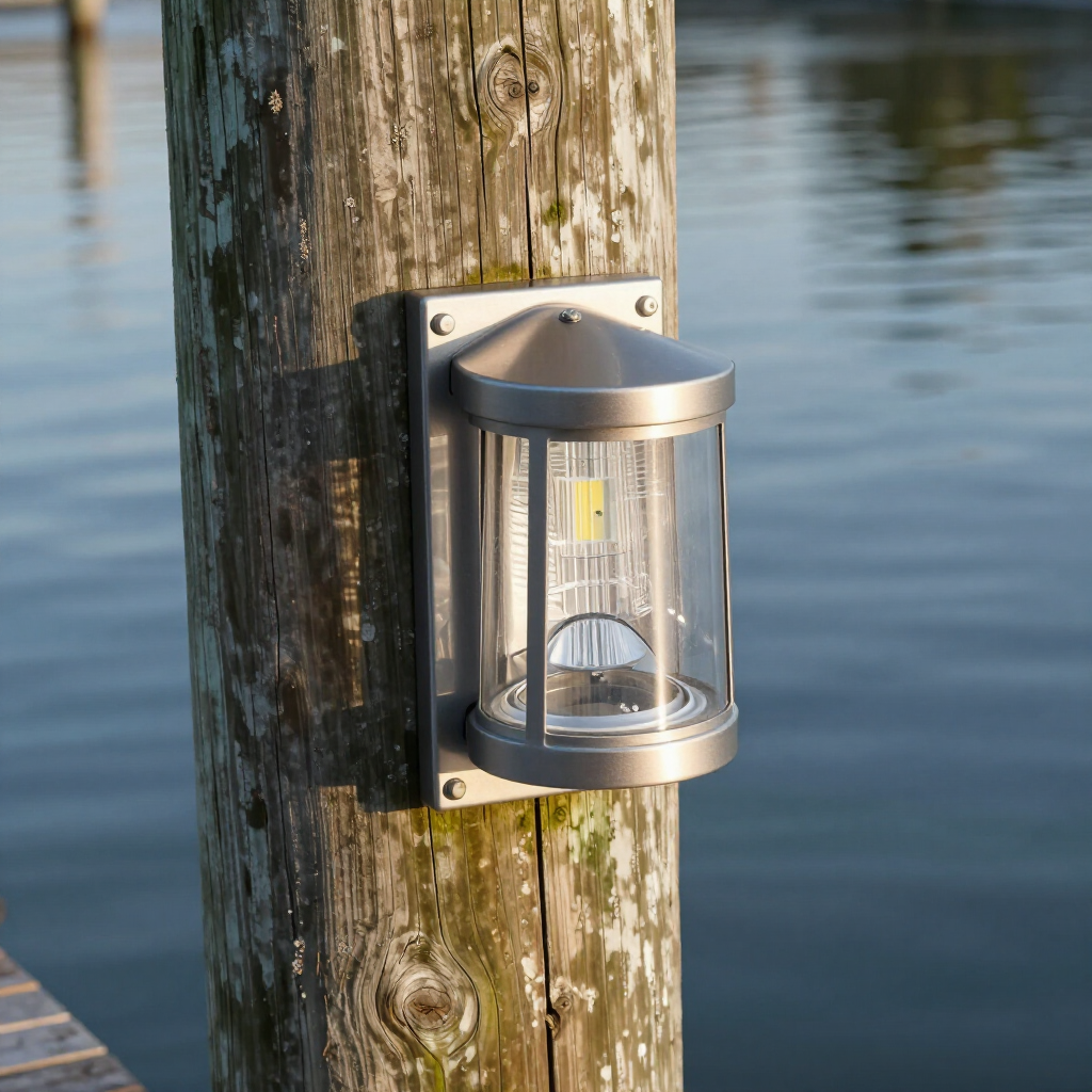 A silver, cylindrical dock light mounted on a weathered wooden piling overlooking a body of water.