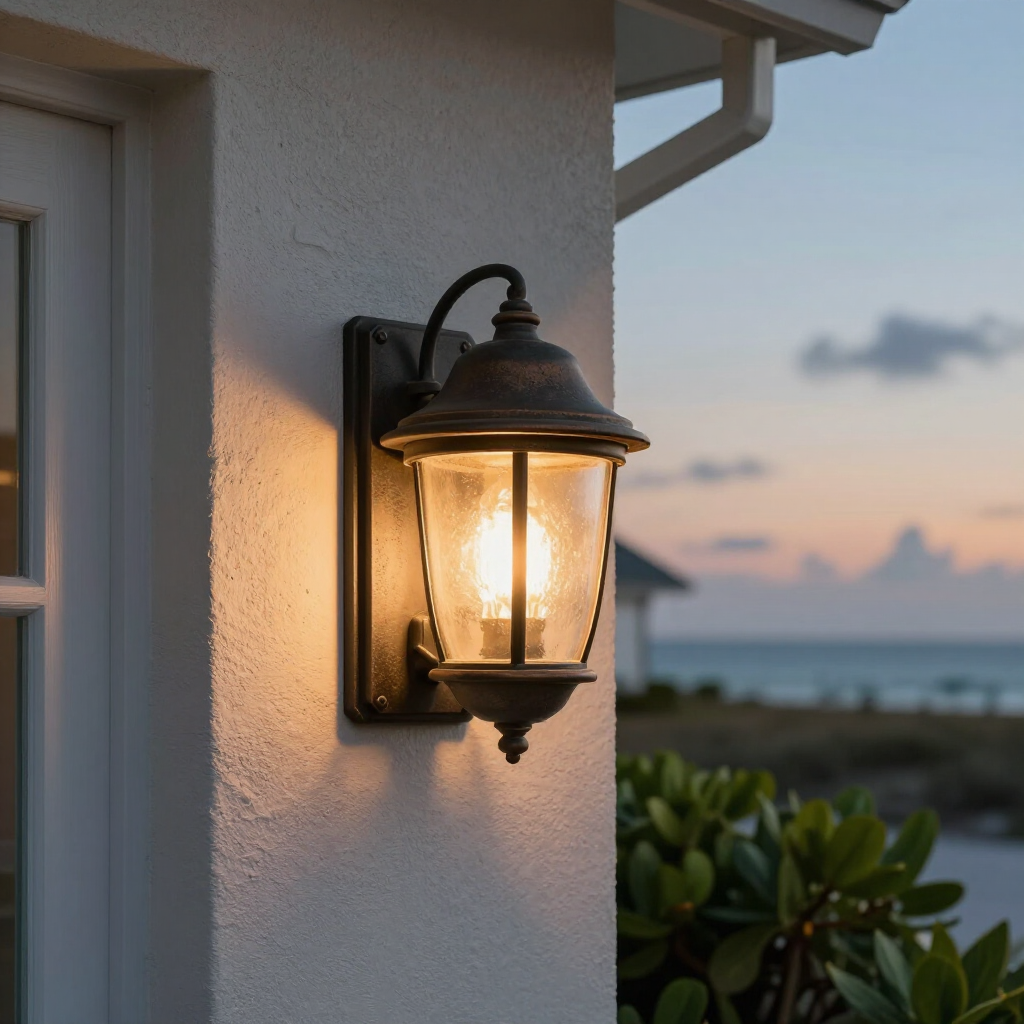 An outdoor wall-mounted lantern with a glowing light fixture against a white wall at sunset overlooking the ocean.