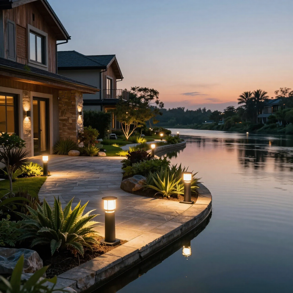 A stone patio walkway lined with glowing lamps along a calm river at dusk, with houses in the background.