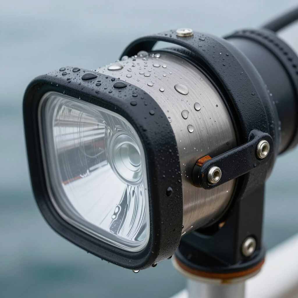 A metallic, rectangular-lens spotlight attached to a mount, covered in raindrops against a blurry, grey marine background.