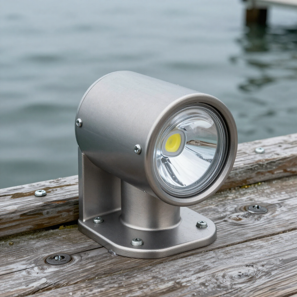 A brushed metal LED spotlight mounted on a weathered wooden dock overlooking a body of water.