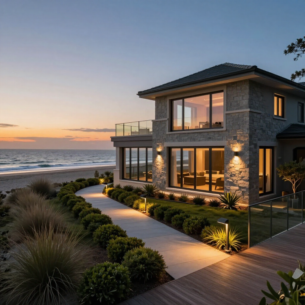 A two-story stone house at sunset overlooking the ocean, featuring a lit walkway leading to a beach.