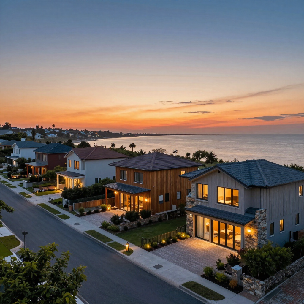 A coastal neighborhood street featuring modern homes at sunset, with a view of the ocean in the background.
