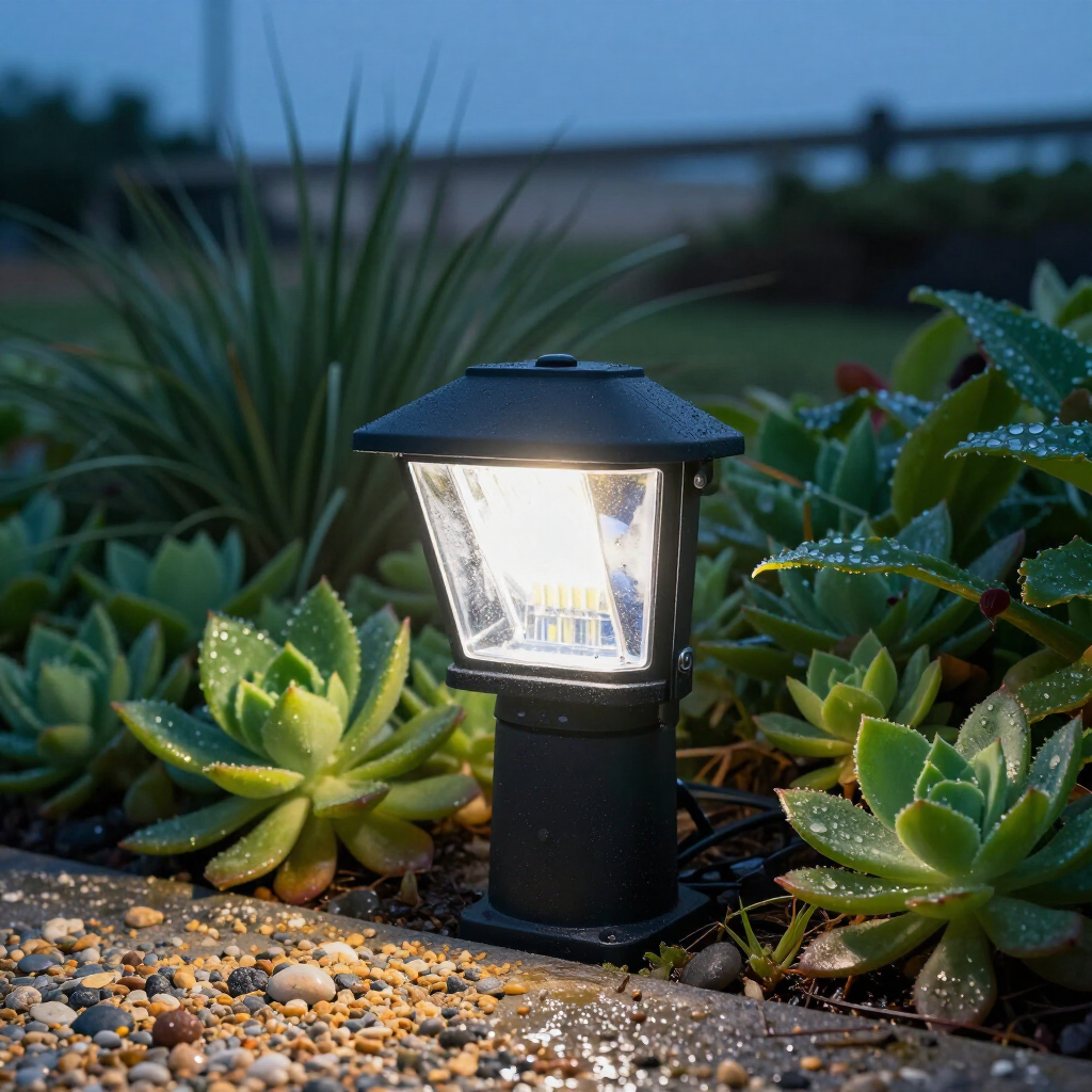 A glowing black garden lantern illuminates succulents and pebbles at dusk.