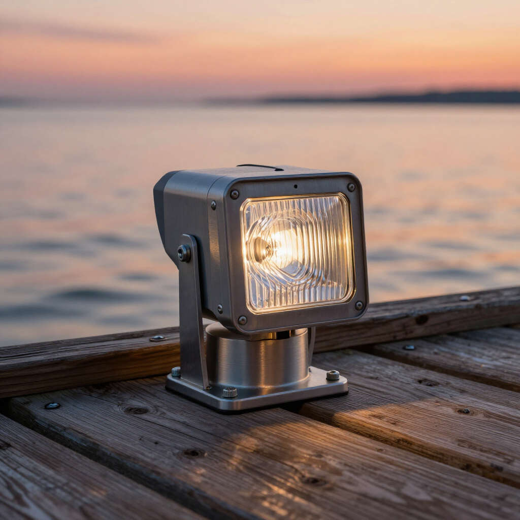 A metallic, square-shaped marine spotlight shines on a wooden dock at sunset with a body of water in the background.