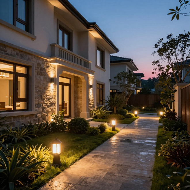 A modern two-story home at dusk, illuminated by glowing path lights and wall sconces along a stone walkway and garden. A modern two-story home at dusk, illuminated by glowing path lights and wall sconces along a stone walkway and garden.