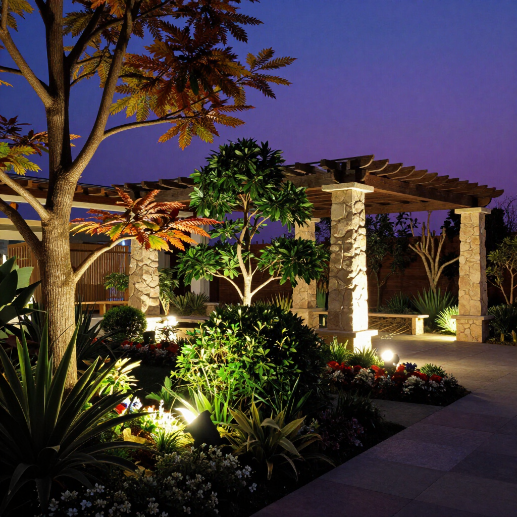 A night scene of a lit backyard garden with a stone pergola, lush plants, and warm landscape lighting at dusk.