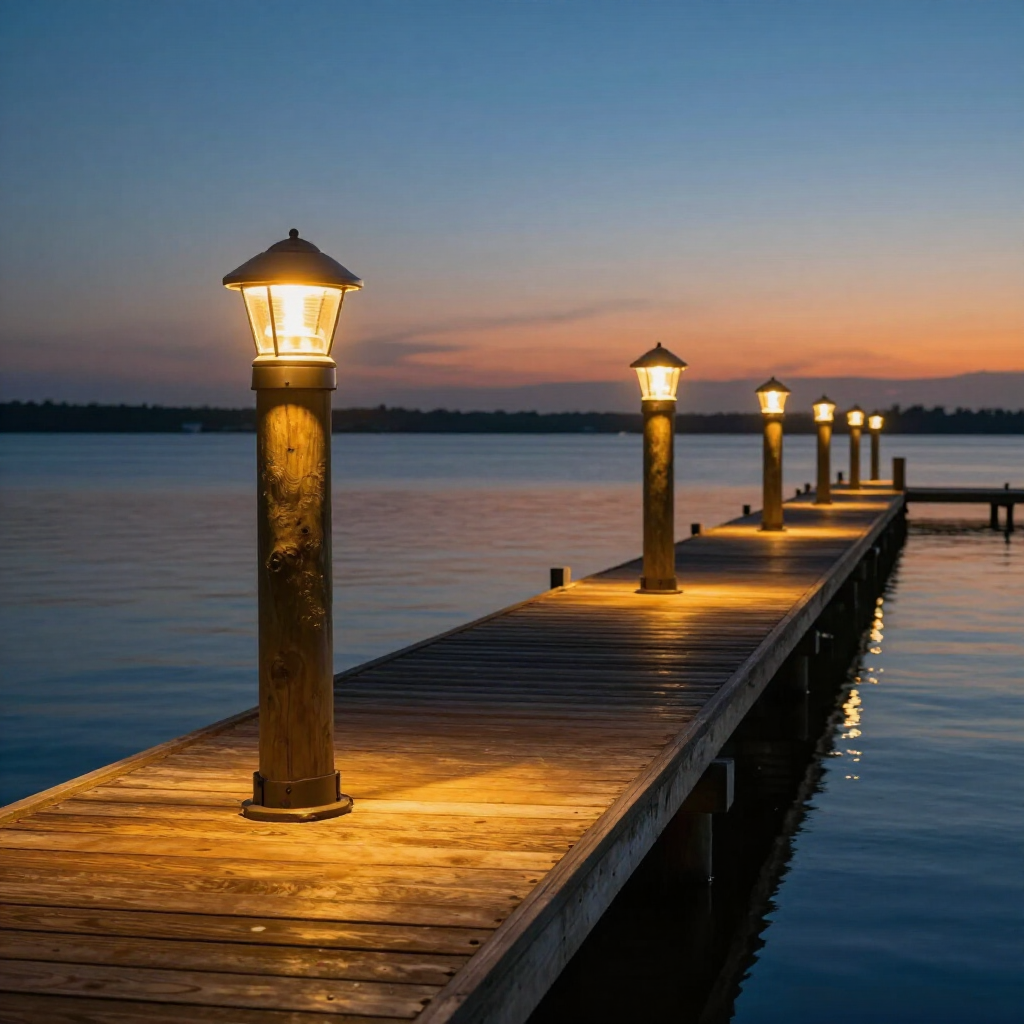 A wooden pier extending into calm water at sunset, illuminated by a row of warm, glowing post lights.