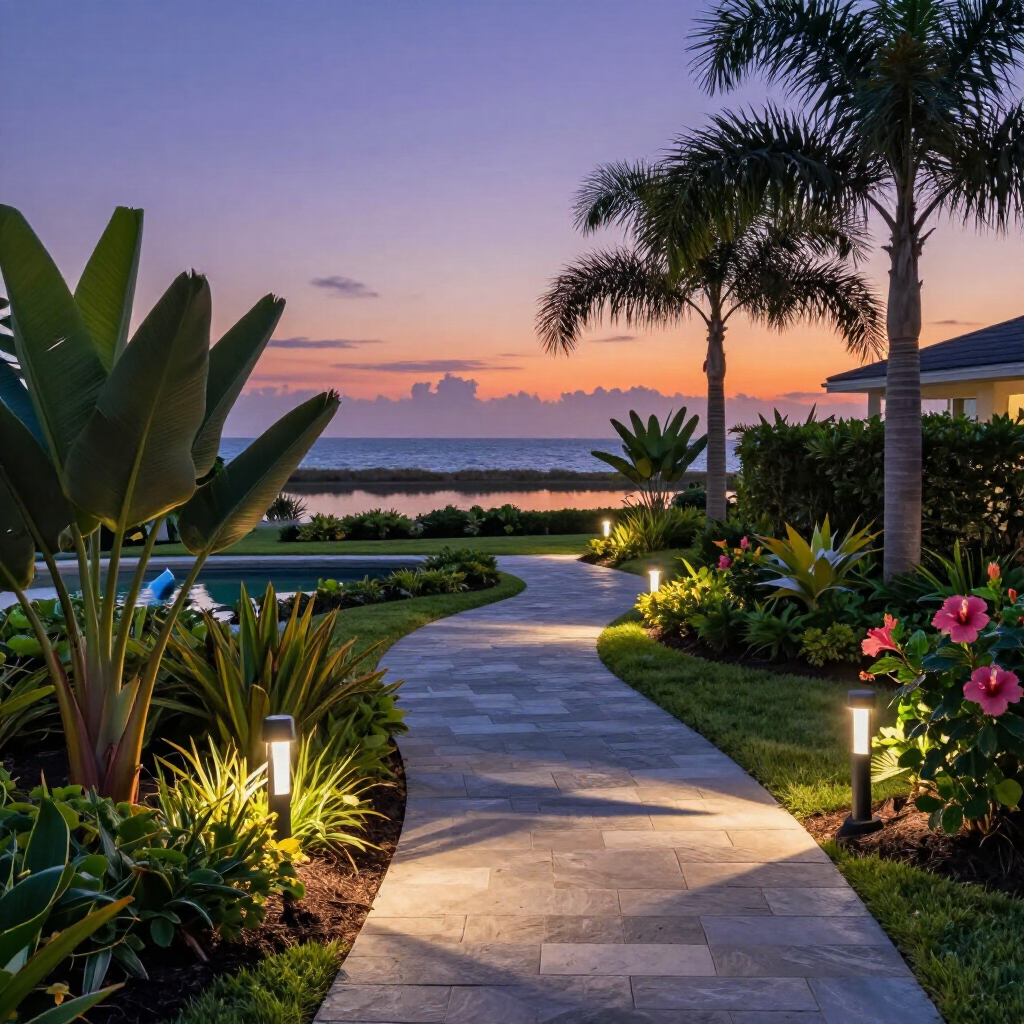 A stone path leads through a lush tropical garden at sunset, lit by modern pathway lights, overlooking the ocean.