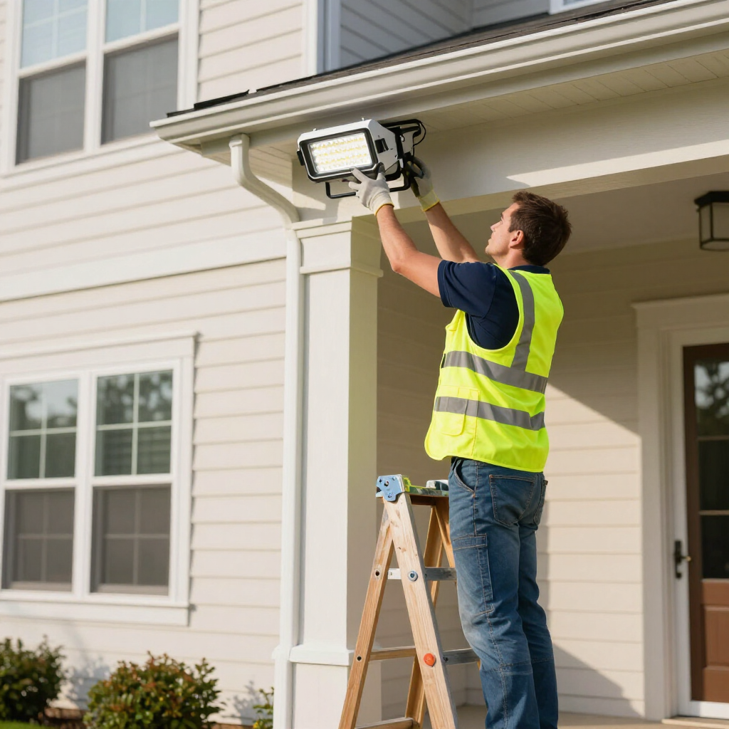 A worker in a high-visibility vest stands on a ladder, installing a bright LED floodlight under the roof of a house.