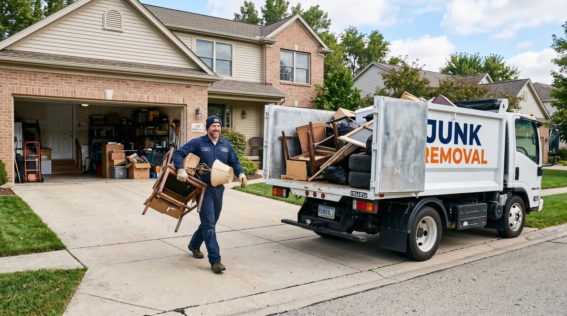 Man carrying junk from garage to junk removal truck