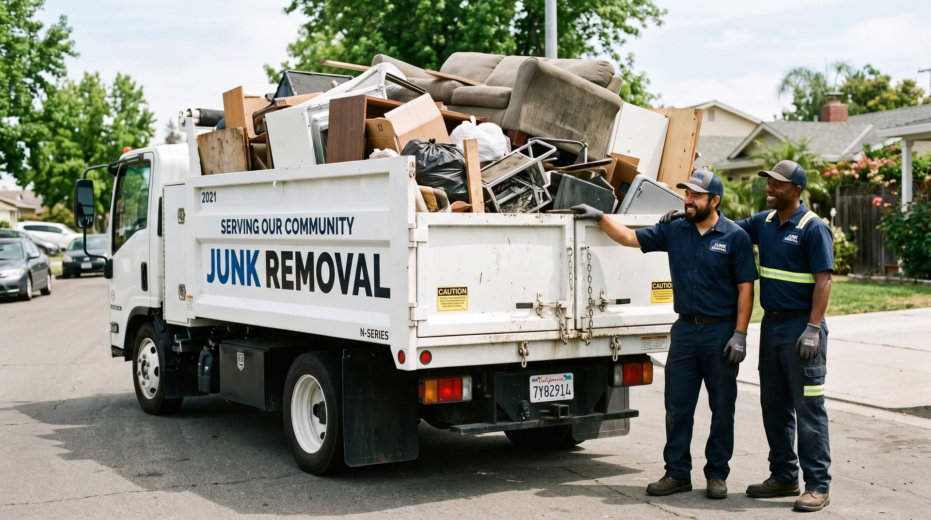 2 men admiring their work of loading up a junk removal truck with trash from a house