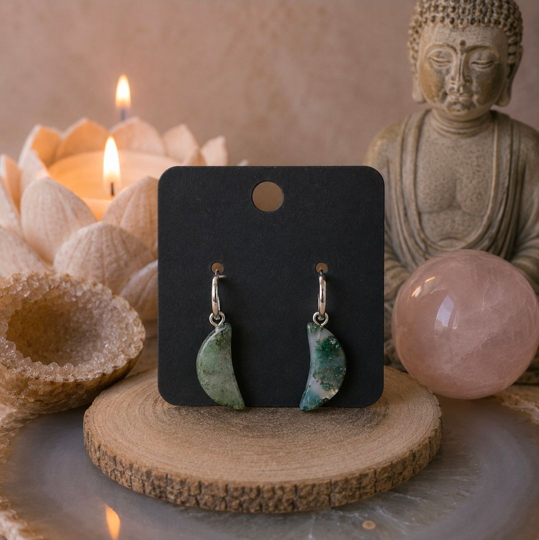 Agate Moss Moon Earrings